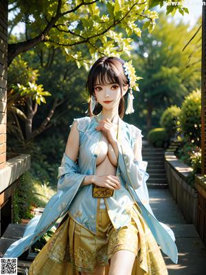 A woman in a blue and yellow dress sitting in front of flowers.