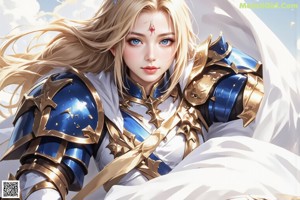 A woman in a bikini holding a sword in the clouds.