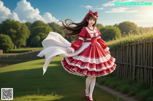 A girl in a red dress is walking through the woods.