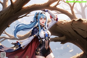 A woman with long blue hair standing next to a tree.